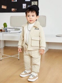 SHEIN Baby Boy Letter & Cartoon Graphic Quilted Coat & Pants - Apricot - View 5