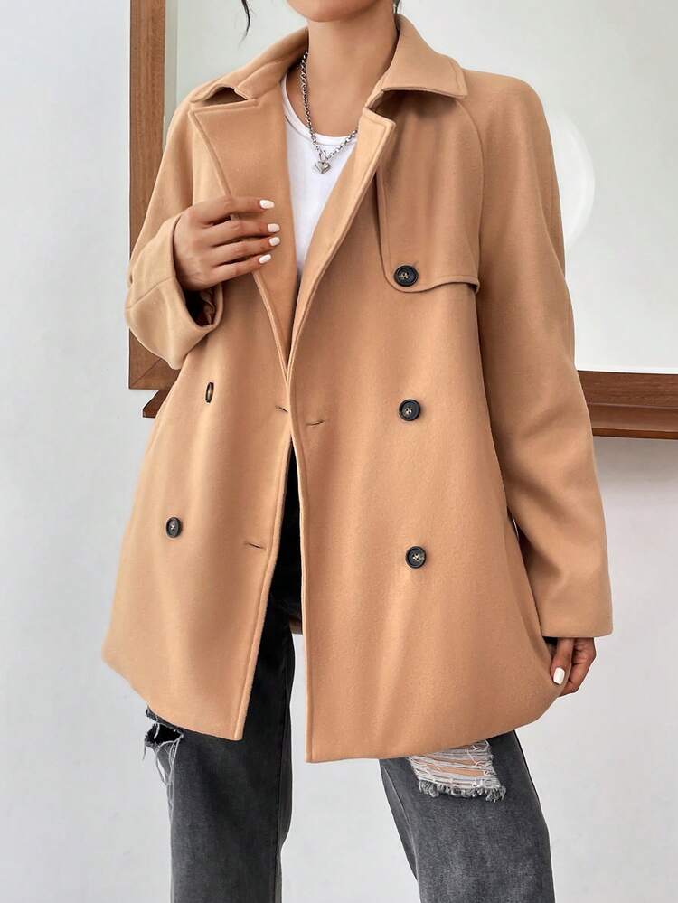 Double Breasted Notched Collar Overcoat With Raglan Sleeves For Women