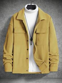 Manfinity Homme Loose Fit Men's Corduroy Jacket With Flap Pockets And Drop Shoulder Design - Army Green - View 3