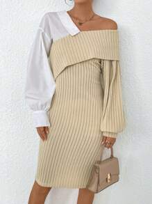 SHEIN Essnce Vestido ajustado de dos tonos doblado de cuello asimétrico de hombros caídos tejido de canalé - Albaricoque - Ver 6