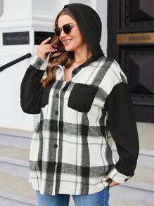 SHEIN CURVE+ Plus Plaid Print Drop Shoulder Hooded Coat - Black and White - View 5