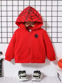 SHEIN Baby Boy Spider Web Graphic Zip Up Hoodie Without Tee - Red - View 3