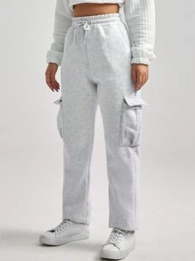 EURMUSE Drawstring Waist Flap Pocket Side Sweatpants - Light Grey - View 4