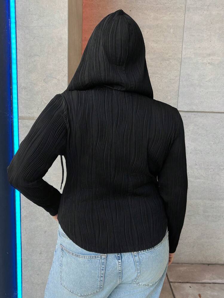 Plus 1pc Zip Up Drawstring Hooded Tee