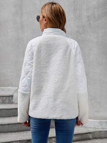 SHEIN LUNE 插肩袖拼接面拉鏈開襟絨毛外套 - 白色 - 查看 2