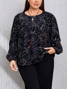 SHEIN Privé 大碼滿版印花燈籠袖襯衫 - 彩色 - 查看 4