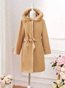 SHEIN Tween Girl 1pc Fuzzy Trim Hooded Belted Overcoat - Apricot - View 1