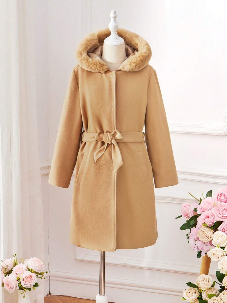 SHEIN Tween Girl 1pc Fuzzy Trim Hooded Belted Overcoat - Apricot - View 1
