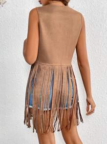 SHEIN VCAY Fringe Hem Open Front Vest Coat - Khaki - View 2