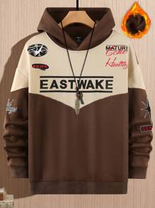 Manfinity Homme Lỏng lẻo phù hợp Nam Lá thư In Khối màu Áo chui đầu Hoodie Với Đôi vai - Cà phê nâu - Xem 1