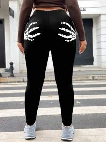 SHEIN Coolane 大碼骷髏手掌圖案緊身打底褲 - 黑色 - 查看 4