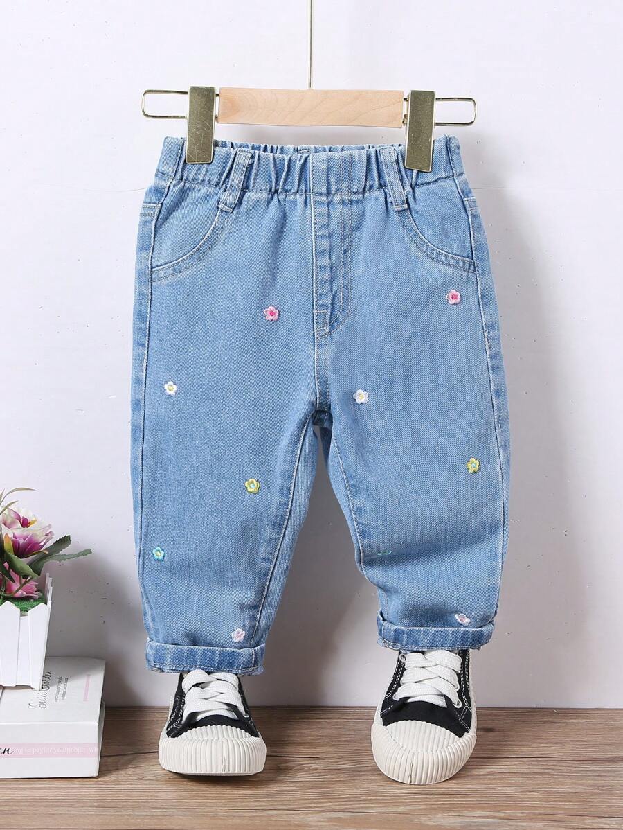 SHEIN Vacation Style Cute Casual Loose Colorful Floral Embroidered Baby Girls Blue Denim Flare Pants - Light Wash - View 1