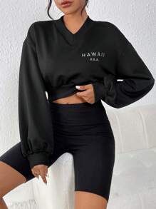 SHEIN Essnce Letter Embroidery Drop Shoulder Crop Sweatshirt - Black - View 1