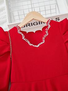 SHEIN Cô gái Tween Tương phản ràng buộc Ống tay áo Ren Mộc nhĩ Đầm - Đỏ - Xem 4