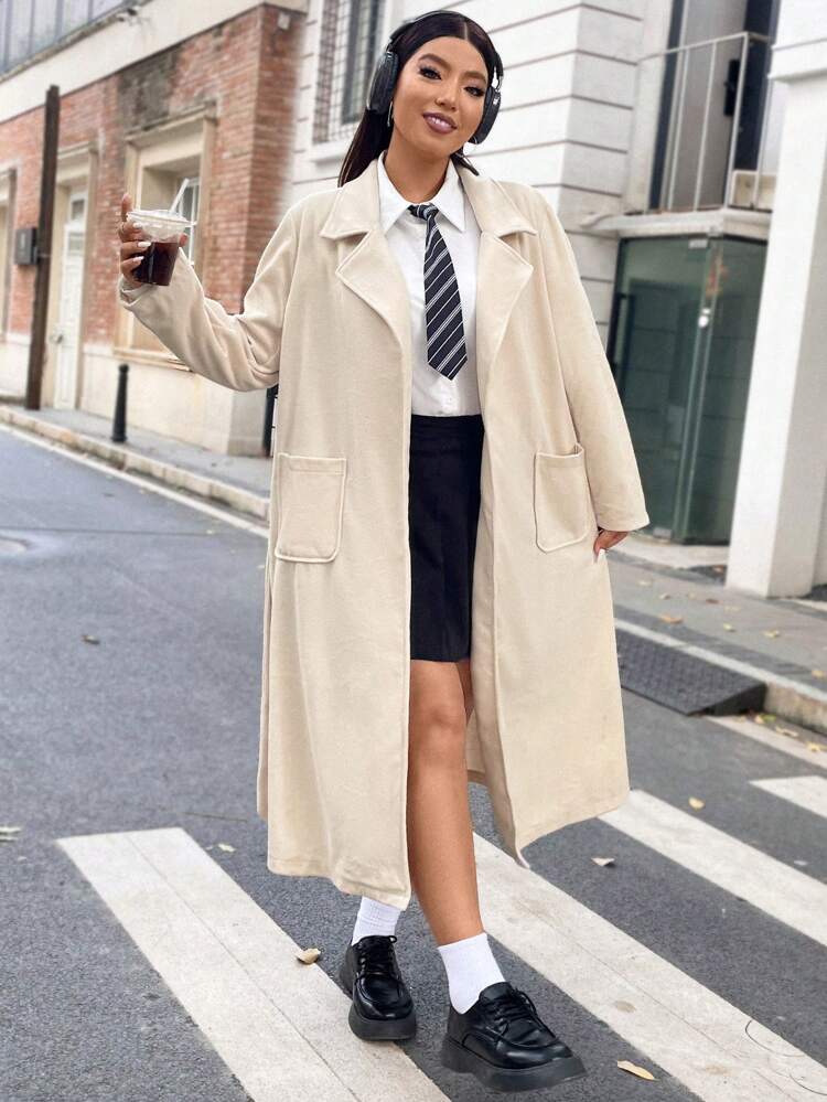 Plus Lapel Neck Dual Pocket Belted Overcoat