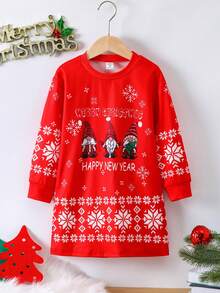 SHEIN 女小童聖誕圖案落肩袖洋裝
