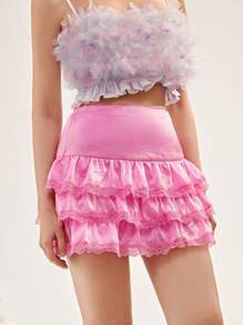 Enchnt Embroidered Mesh Trim Layered Ruffle Hem Skirt