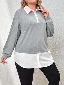 SHEIN Essnce Plus Two Tone Drop Shoulder 2 In 1 Sweatshirt - Light Grey - View 3