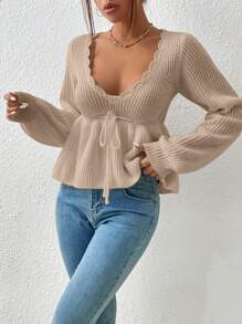SHEIN MOD Scallop Trim Tie Front Lantern Sleeve Peplum Sweater,Long Sleeve Tops In Fall/Winter - Apricot - View 4