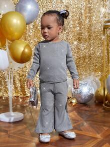 SHEIN Baby Girl Solid Tee & Flare Leg Pants"Mommy&Me"(3 sets are sold separately) - Silver - View 3
