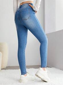 SHEIN Jeans rasgados para adolescente - Azul lavado medio - Ver 2