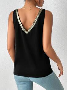 SHEIN LUNE Contrast Sequin Tank Top Graphic Tees Women Tops - Black - View 2