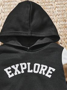 SHEIN Young Boy Letter Graphic Contrast Panel Hoodie & Sweatpants - Black - View 4