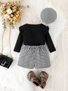 女嬰荷葉邊T恤&千鳥格印花短褲&帽