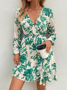 SHEIN Clasi 印花燈籠袖荷葉邊繫腰帶洋裝 - 綠色 - 查看 5