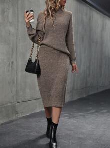 SHEIN Clasi 小高領落肩袖毛衣和針織裙 - 咖啡棕 - 查看 3