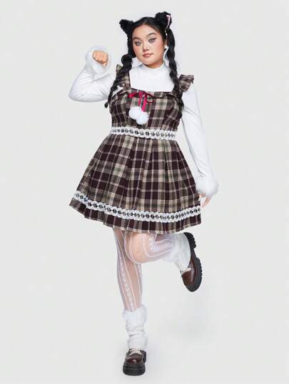 Vestido marrón y beige a cuadros con bola de piel, ribete de encaje, estilo vintage, dulce, japonés y kawaii para mujeres