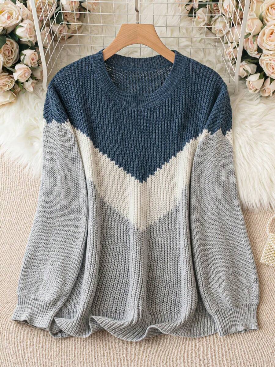 SHEIN CURVE+ 大碼撞色落肩袖套頭毛衣 - 彩色 - 查看 1