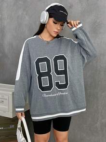 SHEIN EZwear 大碼撞色字母圖案落肩袖運動衫 - 灰色 - 查看 4