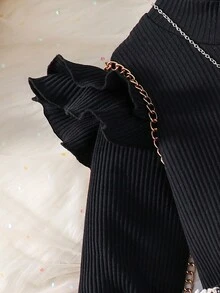 女大童荷葉邊T恤&格紋印花腰帶半身裙 - 黑色 - 查看 5