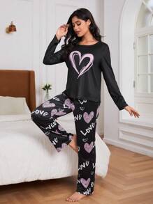 2pcs Heart Printed Women's Casual Pajama Set, Fall Clothes - Black - View 4