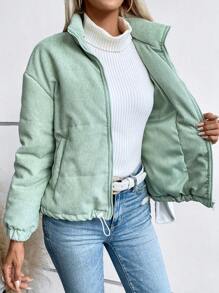 SHEIN LUNE Abrigo con capucha de pana acolchado y bajo con cordón, ropa de invierno - Verde - Ver 4