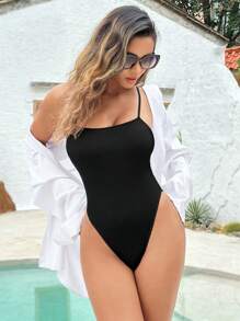 SHEIN Swim Summer Beach Solid One Piece Swimsuit - Black - View 5
