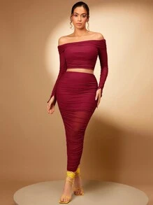 Silquee Gấp lại Off Shoulder Top Cây trồng & Xù Váy bút chì - Màu Đỏ Sâu - Xem 3