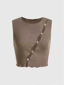 ROMWE Grunge Punk 前紐扣條紋針織背心上衣 - 卡其色 - 查看 1