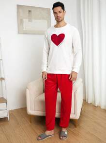男士愛心和字母圖案上衣和褲子睡衣套裝 - 彩色 - 查看 5