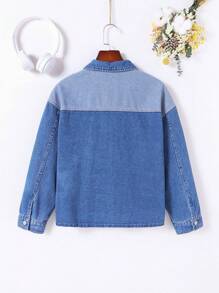 Tween Girl Colorblock Patched Pocket Drop Shoulder Denim Shirt Without Tee - Dark Wash - View 2