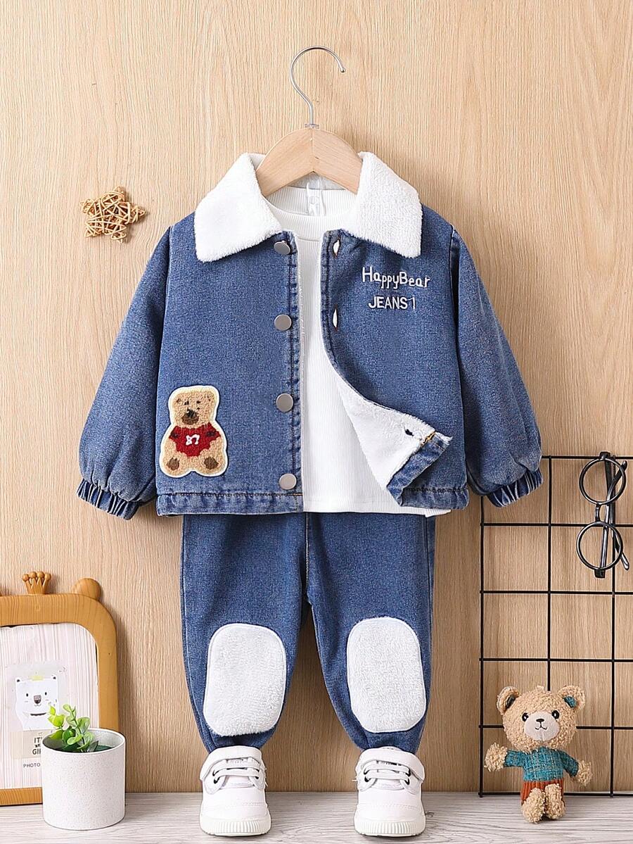 Đứa bé trai Thêu Gấu Lót Teddy Áo khoác & Quần & Áo thun - Màu xanh lam - Xem 1