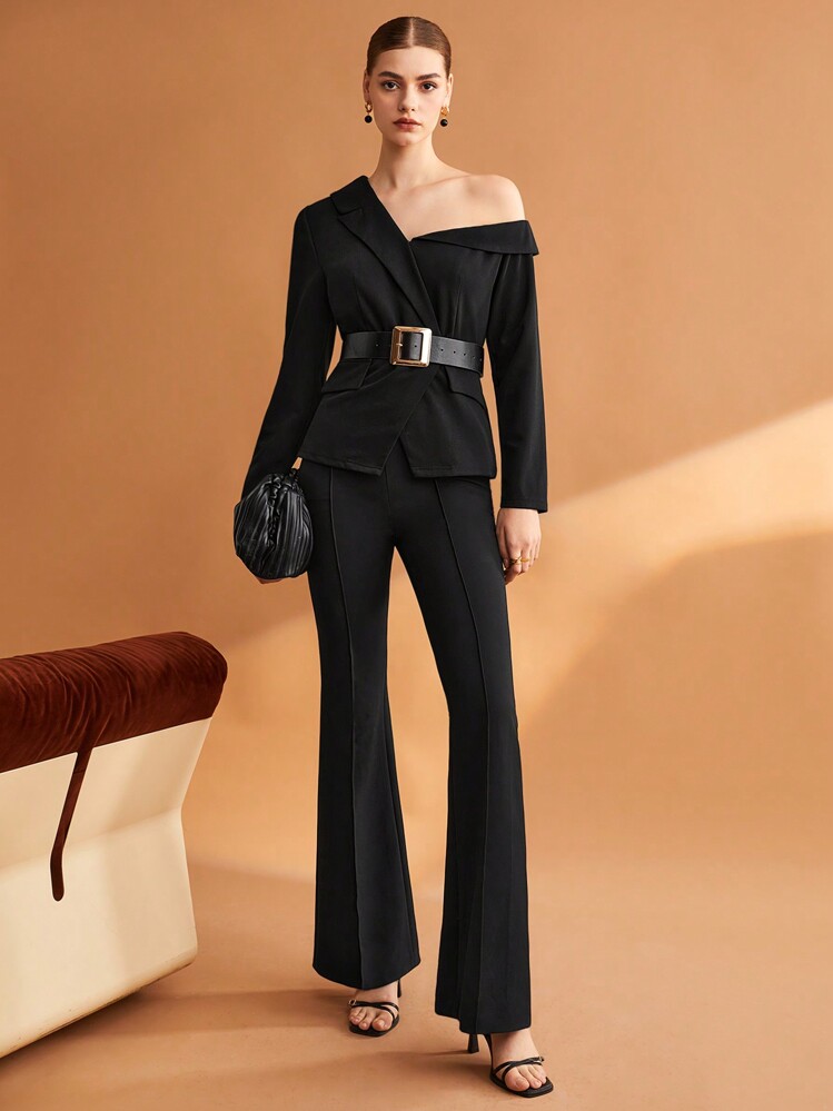 BizChic 無腰帶非對稱領口翻蓋設計西裝外套 - 黑色 - 查看 1