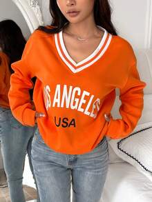 SHEIN Unity Letter Graphic Striped Trim Drop Shoulder Sweatshirt - Multicolor - View 7