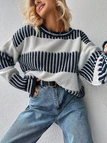EURMUSE Striped Pattern Drop Shoulder Sweater - Navy Blue - View 5