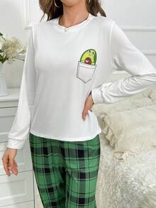 Cartoon Graphic Tee & Plaid Print Pants PJ Set - White - View 5