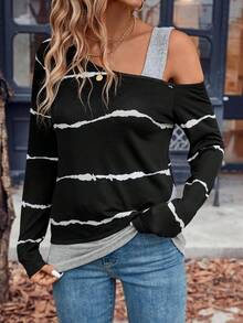 SHEIN LUNE 圖案印花不對稱領T恤 - 彩色 - 查看 3