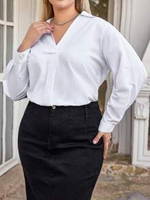 RueChic Plus Solid V Neck Blouse - White - View 2