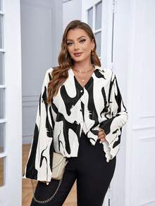 SHEIN LUNE 大碼圖案印花荷葉袖襯衫 - 黑與白 - 查看 3