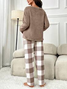 Maternity Buffalo Plaid Adjustable Waist Flannel PJ Set - Brown - View 2